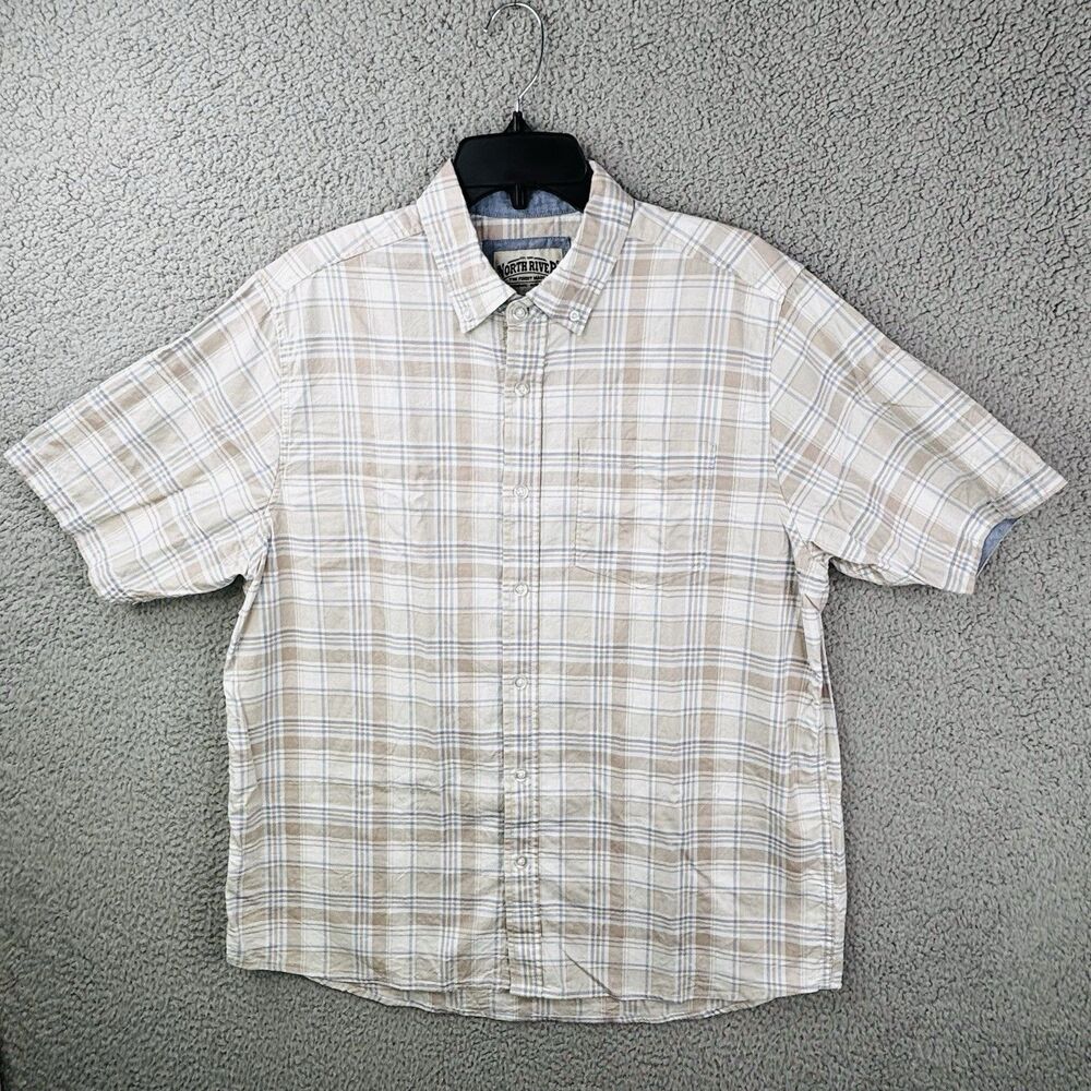 North River Shirt Mens Medium Plaid Tan Blue Cream Button Neutral Outdoor Fish